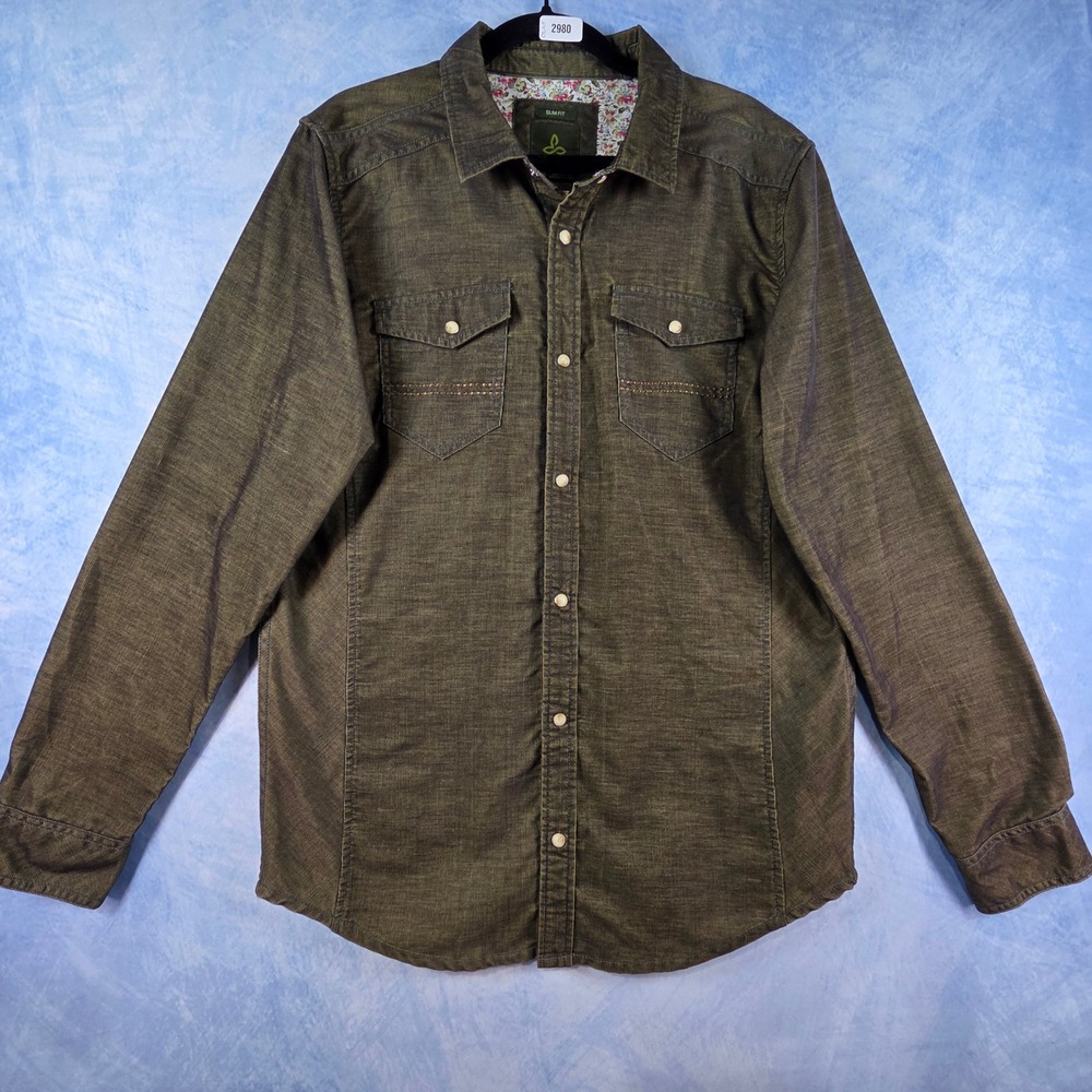 Prana Slim Fit Mens Large Olive Green Long Sleeve Pearl Snap Western Shirt LRG